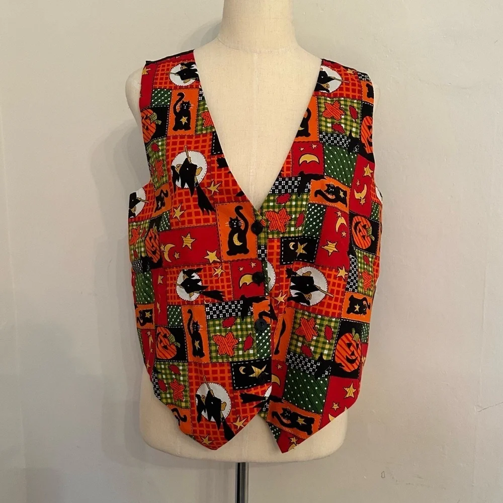 Basic Editions Vintage 80s 90s Halloween Teddy Bear Witch Pumpkins Vest Size L - Picture 5 of 8